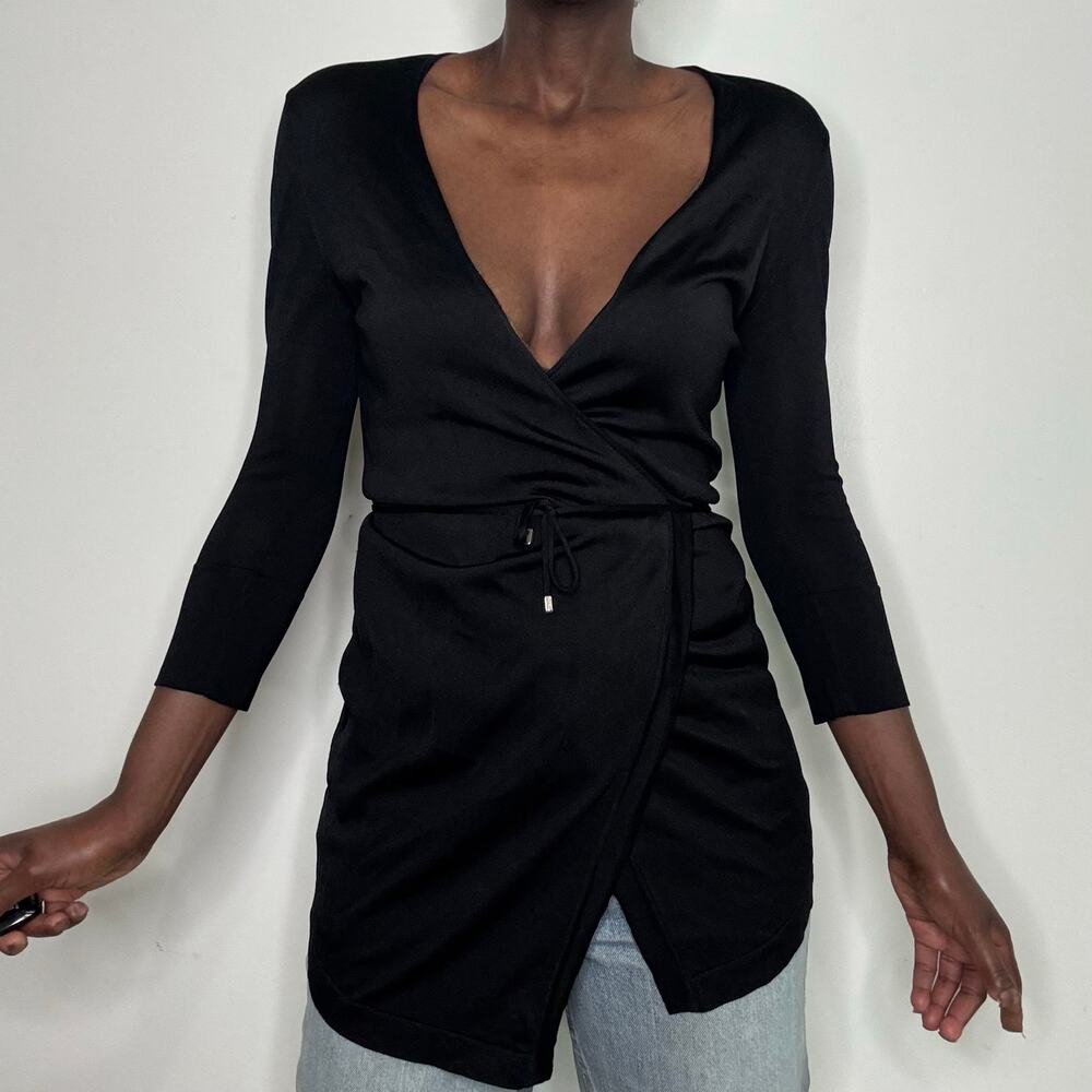 VINTAGE | TOMAS MAIER Bergdorf Goodman Black Silk Knit Wrap Sweater Size S